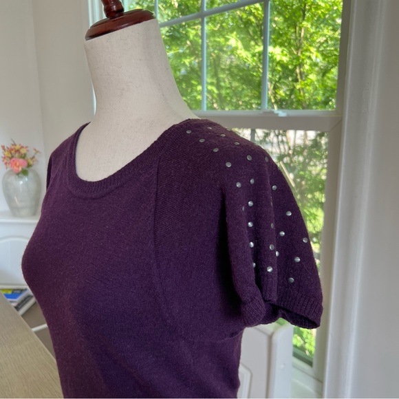 Marina Luna 100% Merino Wool Purple Embellished Short Sleeved Sweater Top - Picture 3 of 11